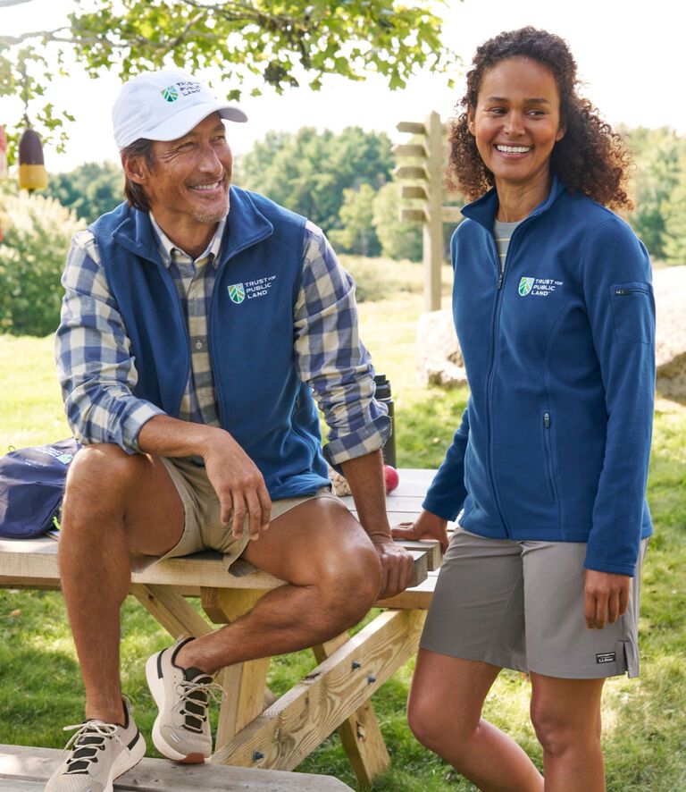models wearing fitness fleece with embroidered Trust for Public Land logos